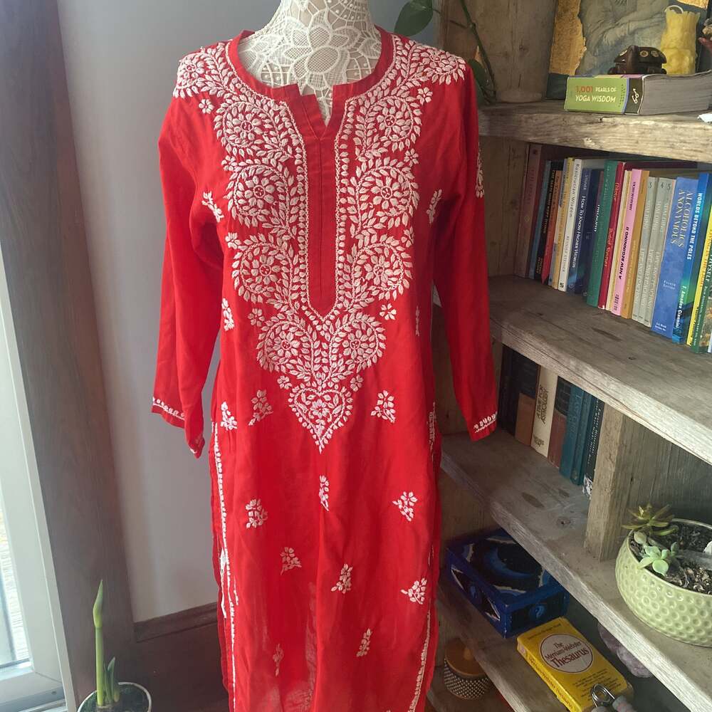 Red Chikankari Hand Embroidered Cotton Kurti
